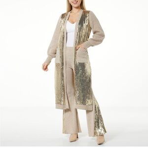 C Wonder Open Front Gold/Beige Long Sequin Cardigan Size Large